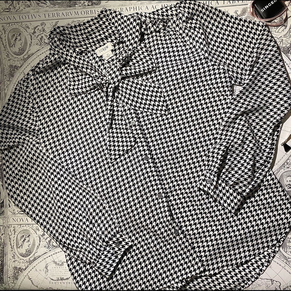 J Crew XS houndstooth bow collar blouse NWT